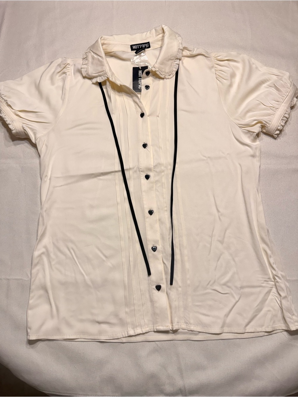 Hot Topic Cream Short Sleeve Blouse with Black Ribbon Trim.